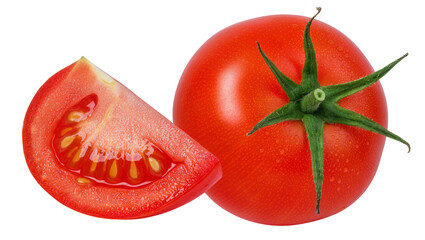 Whole red tomato with green stem and slice showing seeds, isolated on transparent background © Corotaev