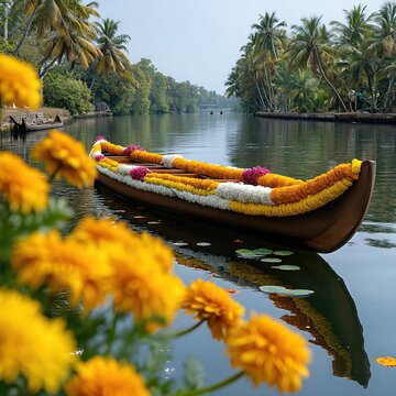 Onam Festival Celebration with Decorated Snake Boat in Scenic Kerala Backwaters Surrounded by Flowers Photo.