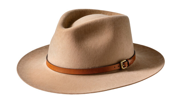Tan felt fedora hat with brown leather band and buckle, isolated on transparent background