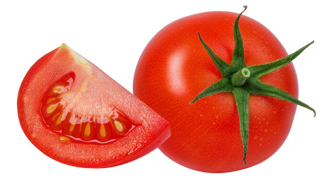 Whole red tomato with green stem and slice showing seeds, isolated on transparent background