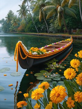 Onam Festival Celebration with Decorated Snake Boat in Scenic Kerala Backwaters Surrounded by Flowers Photo.