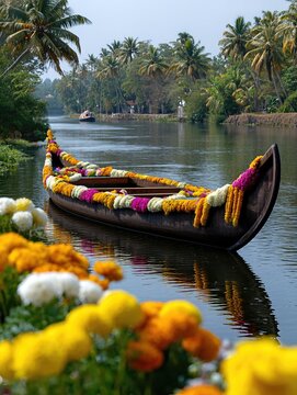 Onam Festival Celebration with Decorated Snake Boat in Scenic Kerala Backwaters Surrounded by Flowers Photo.