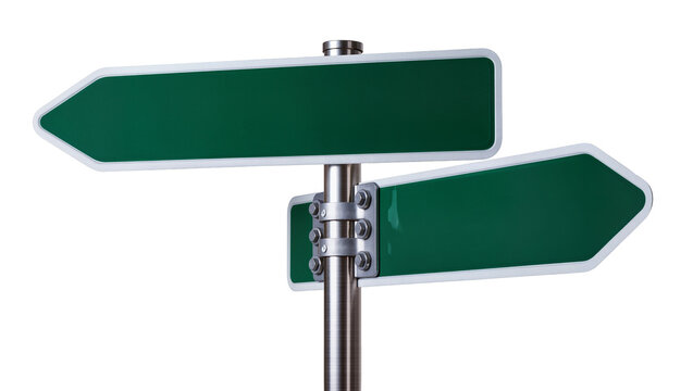 Two blank green directional street signs on metal pole, isolated on transparent background