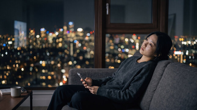 Young Introvert Woman Relaxing Alone on Sofa at Night Looking at City Lights - World Introvert Day Concept