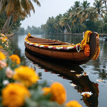 Onam Festival Celebration with Decorated Snake Boat in Scenic Kerala Backwaters Surrounded by Flowers Photo.