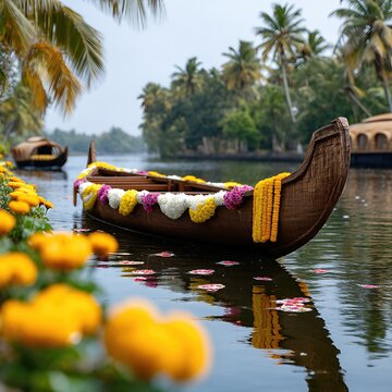 Onam Festival Celebration with Decorated Snake Boat in Scenic Kerala Backwaters Surrounded by Flowers Photo.