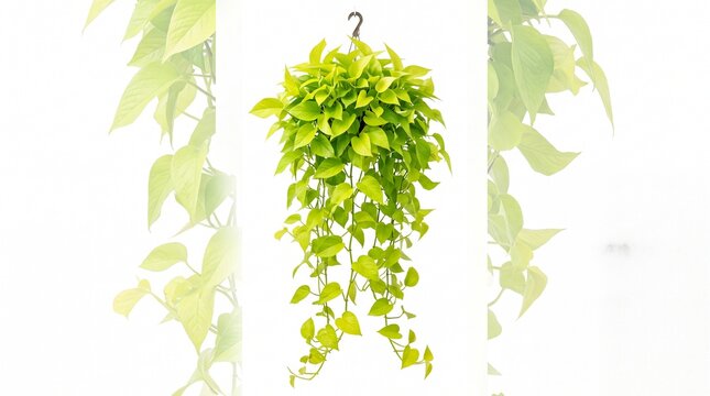 Lush green pothos plant in a hanging basket