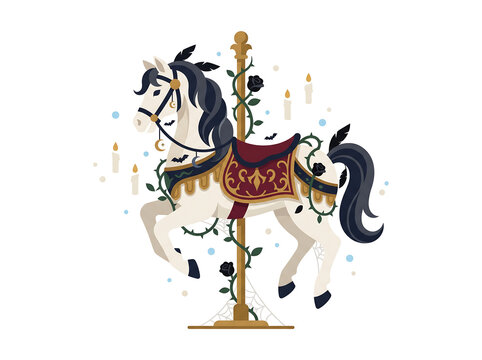 Gothic Carousel Horse Illustration, Dark Fantasy Merry-Go-Round Animal
