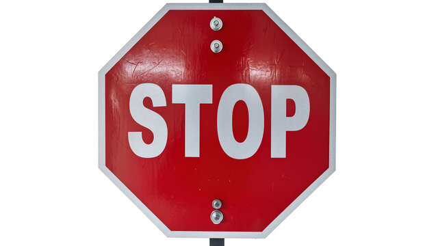 Red octagonal stop sign with white lettering, isolated on transparent background