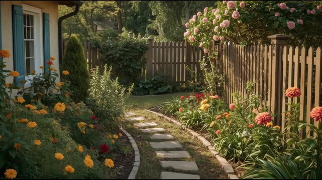 Sunlit cottage garden path with blooming flower borders, wooden fence and stepping stone pathway