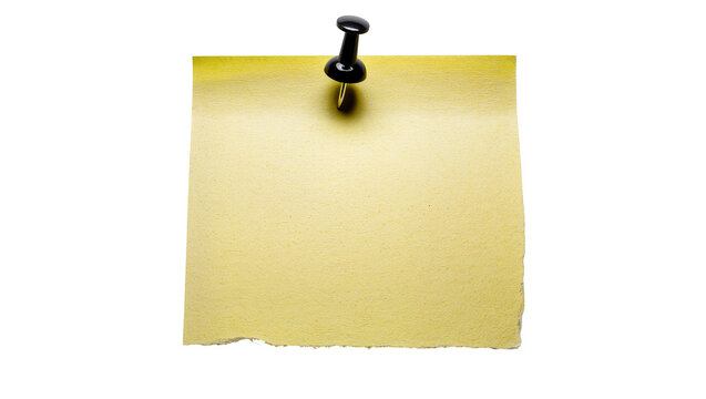 Yellow paper note secured with a black pushpin, isolated on transparent background