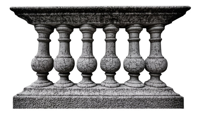Ornate stone balustrade with cracked balusters, isolated on transparent background