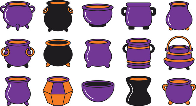 Happy Halloween Colorful collection of illustrated cauldrons and witch pots in various styles Vector
