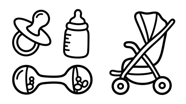 Baby essentials icons: pacifier, bottle, rattle, stroller - clean line art vector illustration