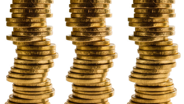 Three stacks of shiny gold coins, isolated on transparent background