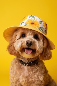 Cute Dog Wearing Floral Hat Against Yellow Background