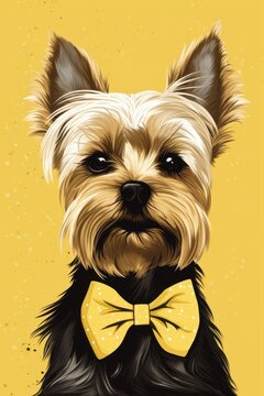Yorkshire Terrier With Yellow Bow Tie on Yellow Background