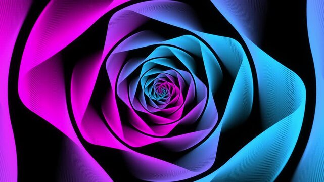 Minimal thin fluorescent spiral in infinite rotation. Funky holographic backdrop in retro style. Shiny fibonacci swirl in blue and purple neon colors. Seamless loop animation.