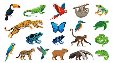 Naklejka premium Flat Style Tropical Animals Collection Vector Illustration, Wildlife Art