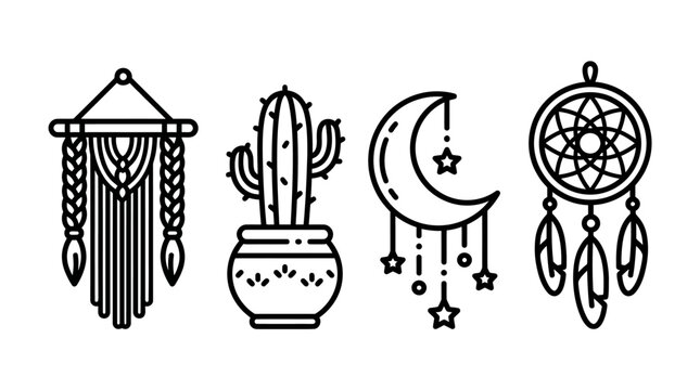 Boho Decor Icons: Macrame, Cactus, Moon, Dreamcatcher - Line Art Set