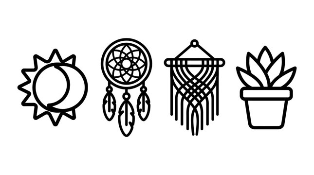 Bohemian decor icons: sun, dreamcatcher, macrame, succulent plant