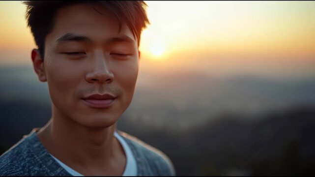 Young man portrait sunset with soft golden bokeh warm glow and blurred mountain background portrait