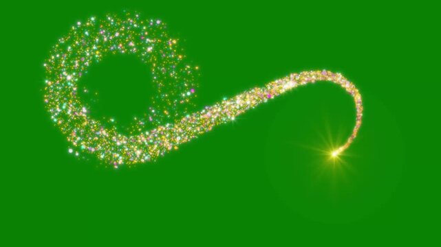 Golden glitter particle swirl forming infinity trail on green background