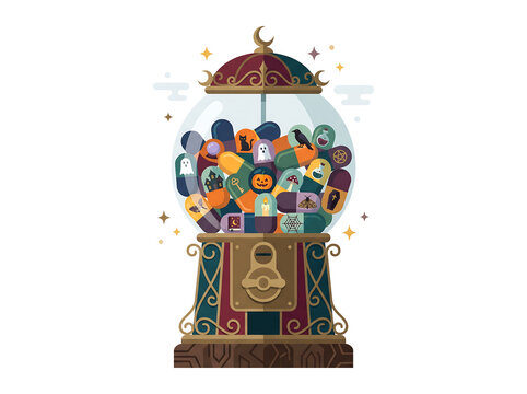 Halloween Capsule Gumball Machine Filled with Spooky Magic Capsules Flat Vector Illustration