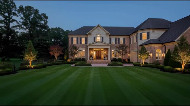 Elegant illuminated colonial mansion with illuminated facade and manicured lawn at dusk