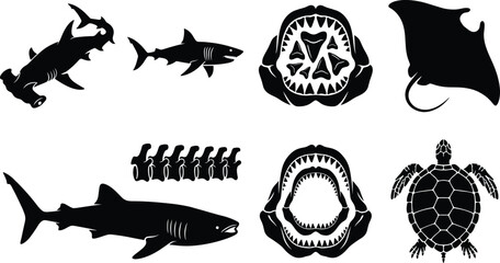 Obraz premium Set of ocean wildlife silhouettes featuring sharks, manta ray, sea turtle, and shark jaw anatomy