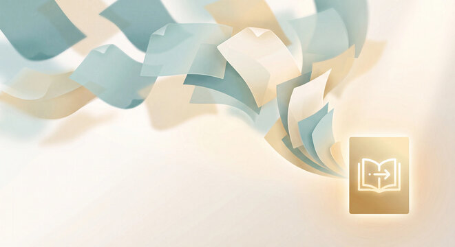 Document flow illustration with floating pages and digital knowledge archive symbol