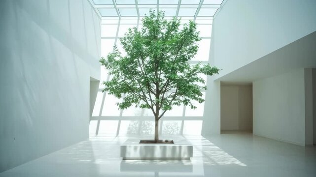 Indoor atrium tree under soft skylight in minimalist white gallery with calm potted composition