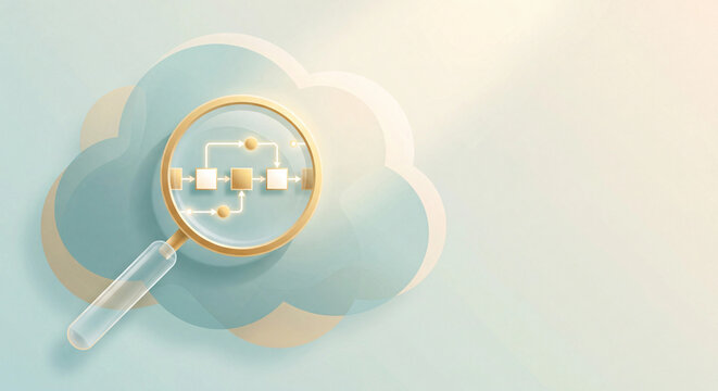 Cloud network illustration with magnifier for digital data analysis and search
