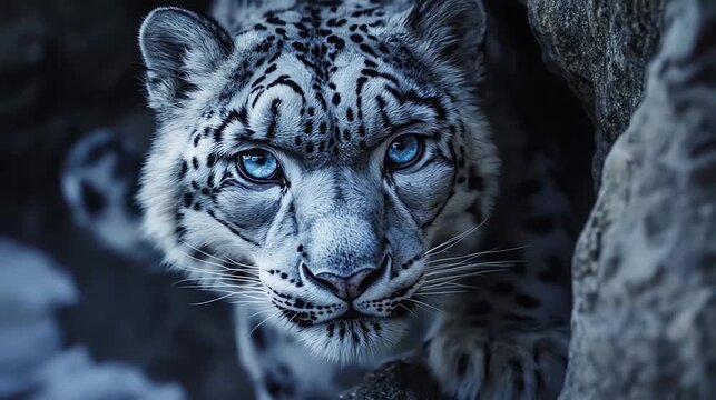 Snow leopard portrait with intense gaze and striking blue eyes