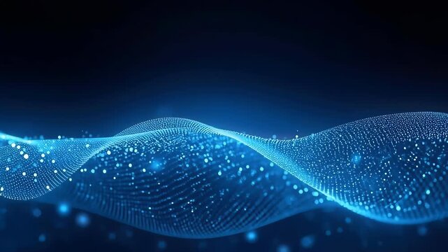 Blue digital wave of glowing particles and flowing data points evoking futuristic abstract motion