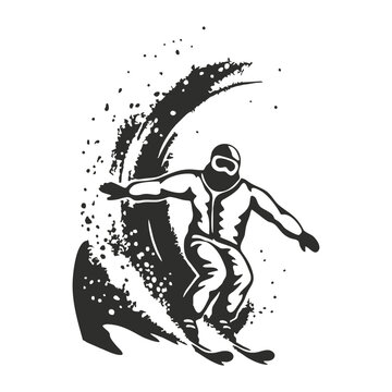 Dynamic Skier Carving Sport Action Snow Splatter Silhouette Vector Art on White Background