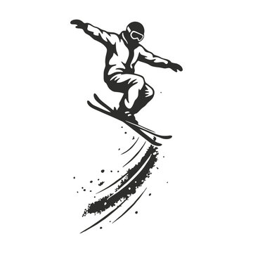 Skier Jump Silhouette Vector Icon with Snow Splashes on White Background