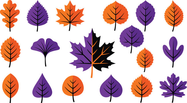 Happy Halloween Colorful autumn leaves collection with maple leaf in center Vector