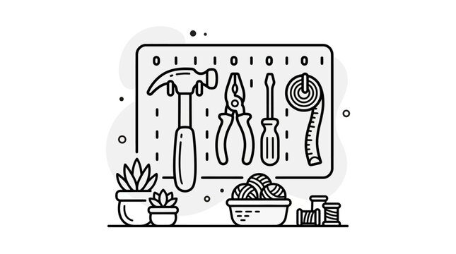 DIY Tools & Crafting Supplies on Pegboard - Line Art Illustration