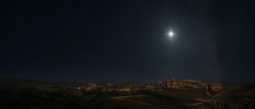 Bethlehem town under night sky with shining star. Biblical landscape at Christmas. Star of Bethlehem above ancient city in desert. Religious background for holiday card and celebration.