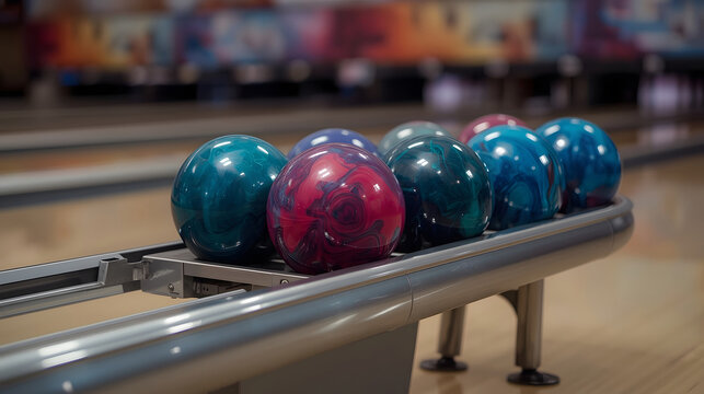 Colorful bowling balls on metal return rack