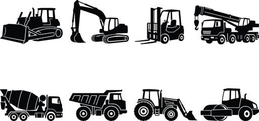 Heavy construction machinery icon set featuring bulldozer excavator forklift crane dump truck and road roller © Unique mim Art
