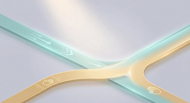 Crossroads illustration with teal and gold pathways for choice and direction concept