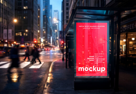 Night Bus Shelter Billboard Mockup for Street Advertising