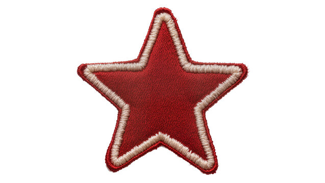 Embroidered red five-pointed star patch with cream border, isolated on transparent background