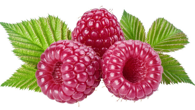 Three ripe red raspberries with green leaves, isolated on transparent background