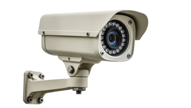 Beige security camera with infrared LEDs and adjustable bracket, isolated on transparent background