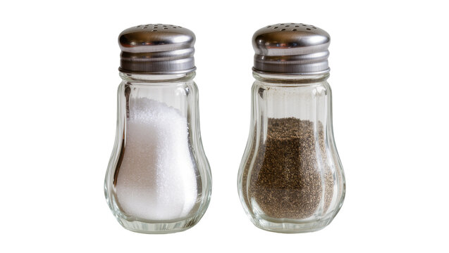 Glass salt and pepper shakers with metal lids, isolated on transparent background