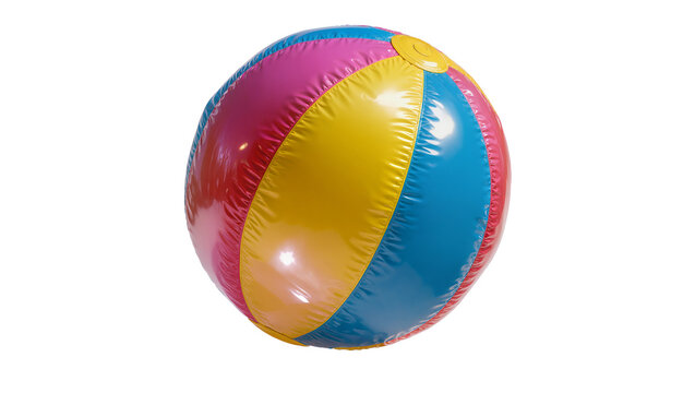 Multicolor inflatable beach ball with yellow valve, isolated on transparent background