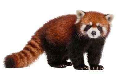 Red panda with bushy striped tail standing on four paws, isolated on transparent background © Corotaev